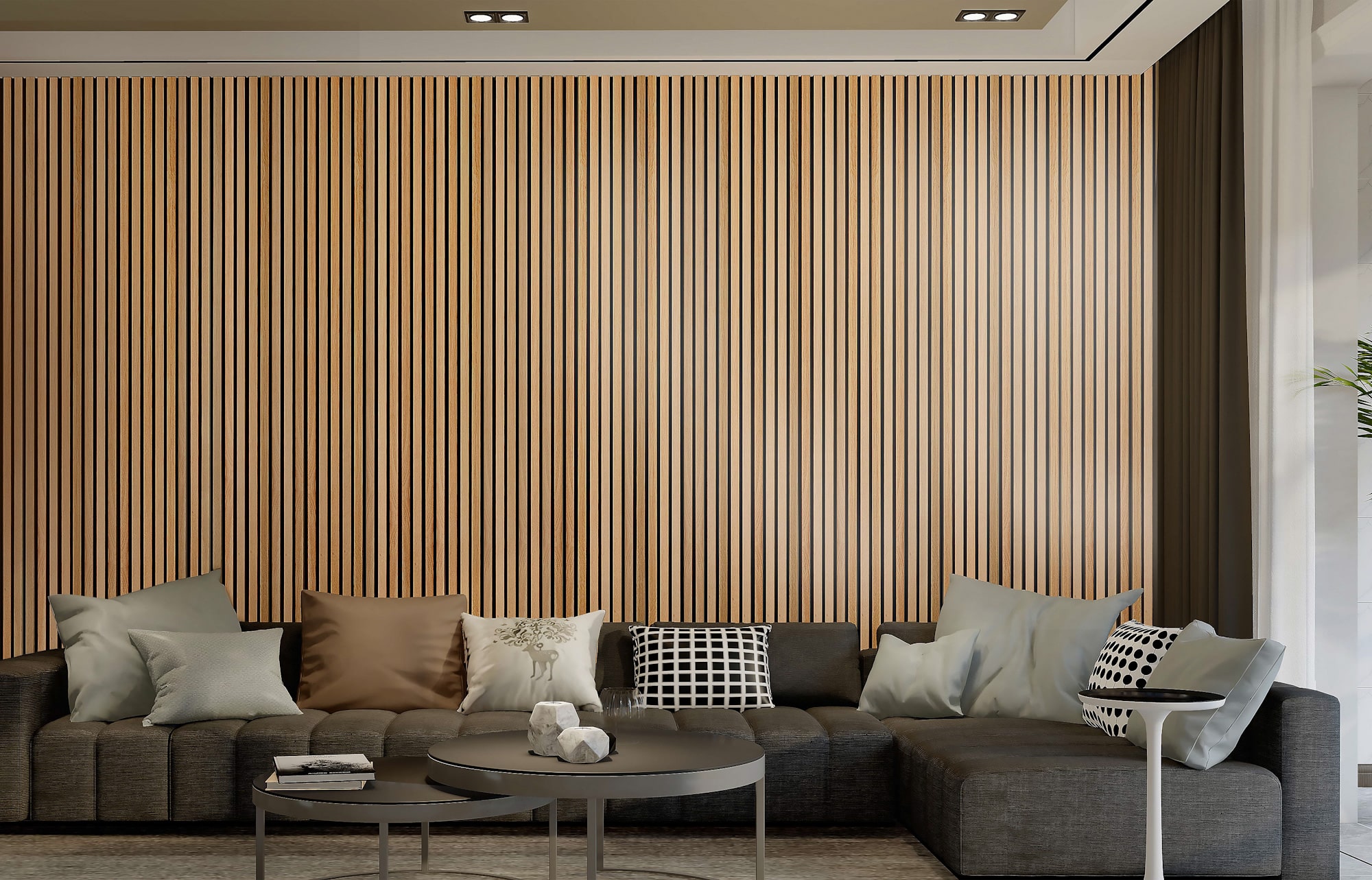 wood slat living room wall